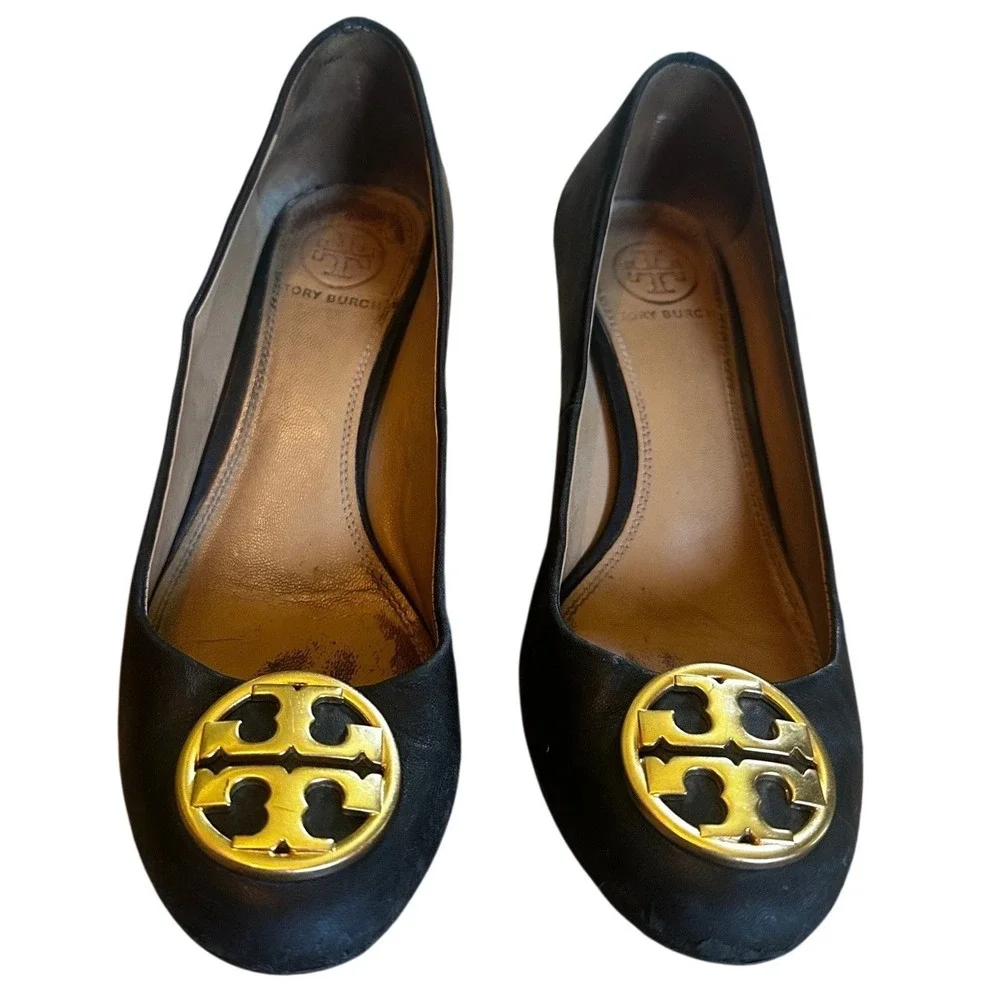 Tory Burch Black Leather Sally Wedge Pumps Women's 5